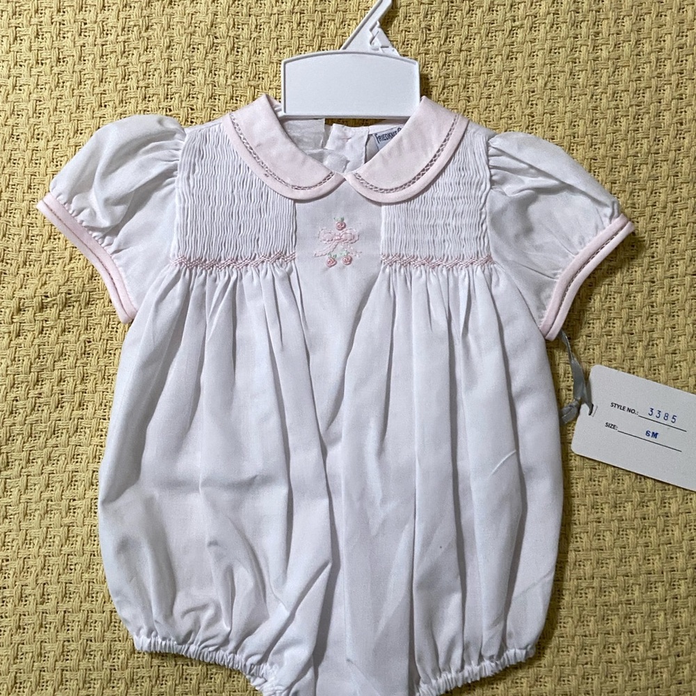 Vintage Baby Girl Pink Smocked Bubble Romper 6M Friedknit Creations Heirloom